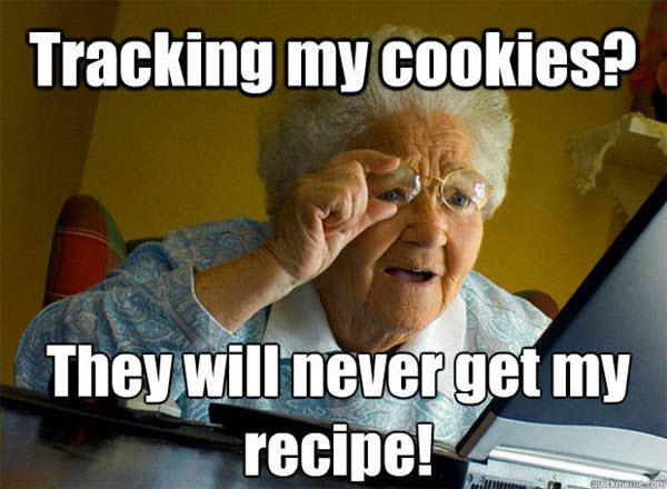 Elderly woman peering at computer screen with text, "Tracking my cookies? They will never get my recipe!"